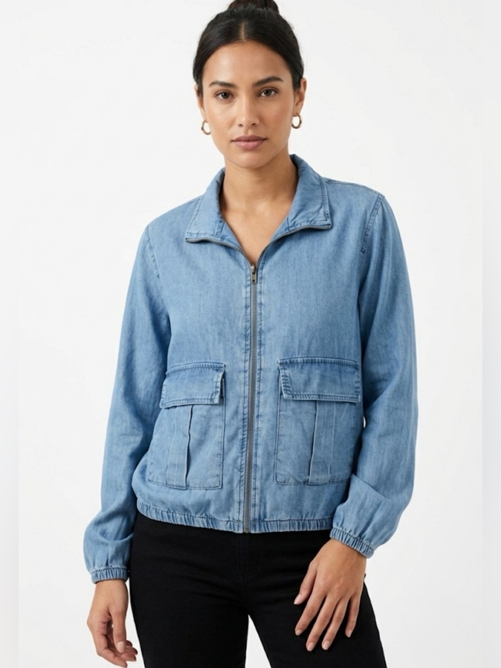 Royalty Denim Utility Jacket Women’s Small Blue Zip Front Elastic Hem